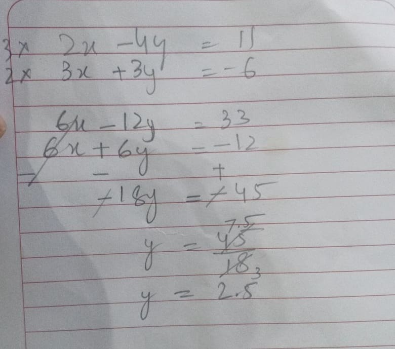 A real photo of a student's handwritten simultaneous-equations working, snapped with a phone